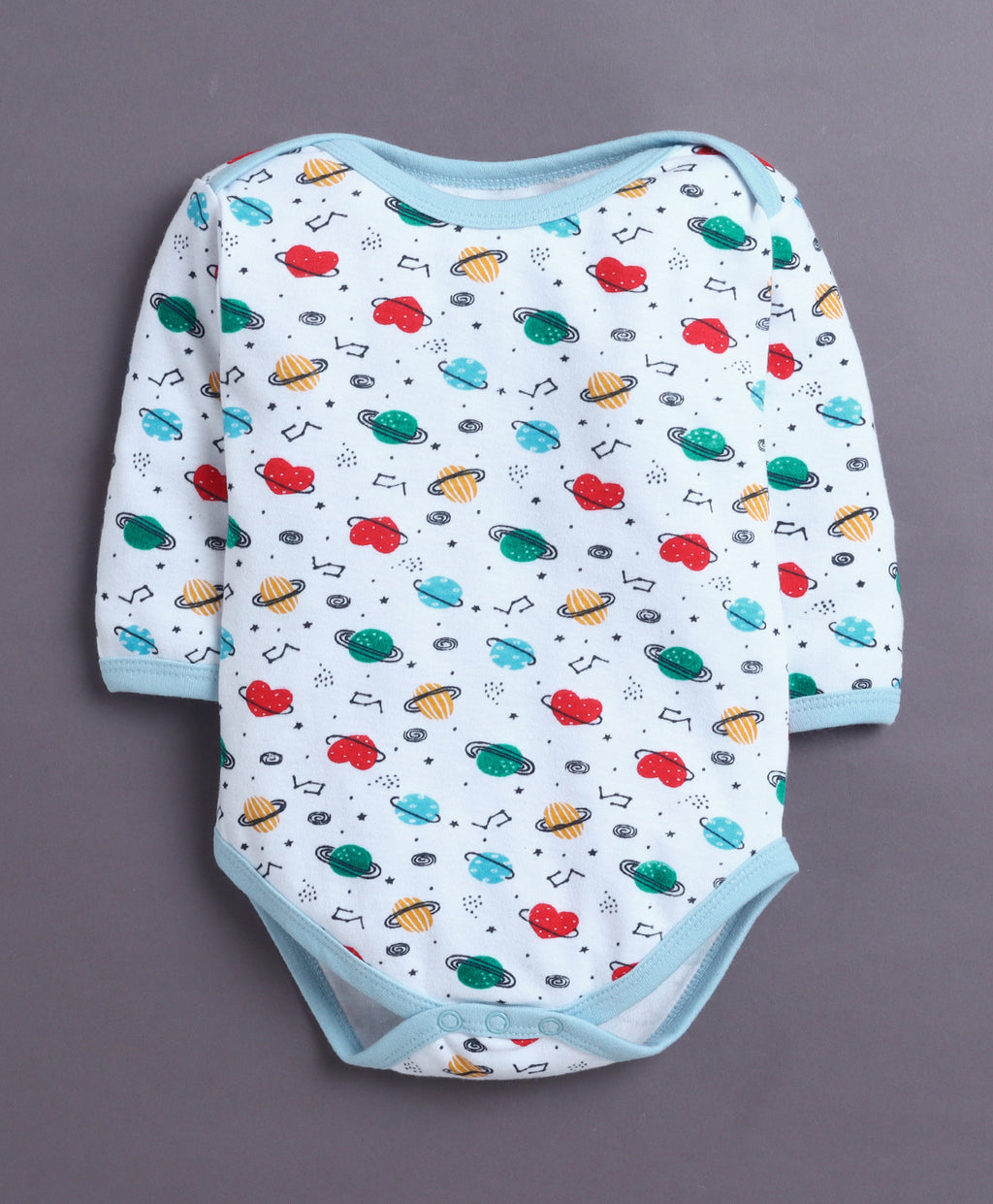 Bumzee Sky Blue & White Graphic Print Bodysuit, Pack of 3, Full Sleeves, Onesie (Style Peb11026)