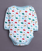 Bumzee Sky Blue & White Graphic Print Bodysuit, Pack of 3, Full Sleeves, Onesie (Style Peb11026)