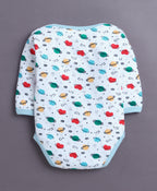 Bumzee Sky Blue & White Graphic Print Bodysuit, Pack of 3, Full Sleeves, Onesie (Style Peb11026)