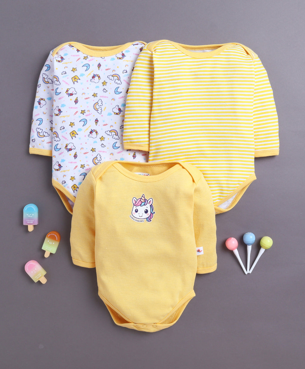 Bumzee Yellow & White Animal Print Bodysuit, Pack of 3, Full Sleeves, 100% Cotton (Style Peb11028)