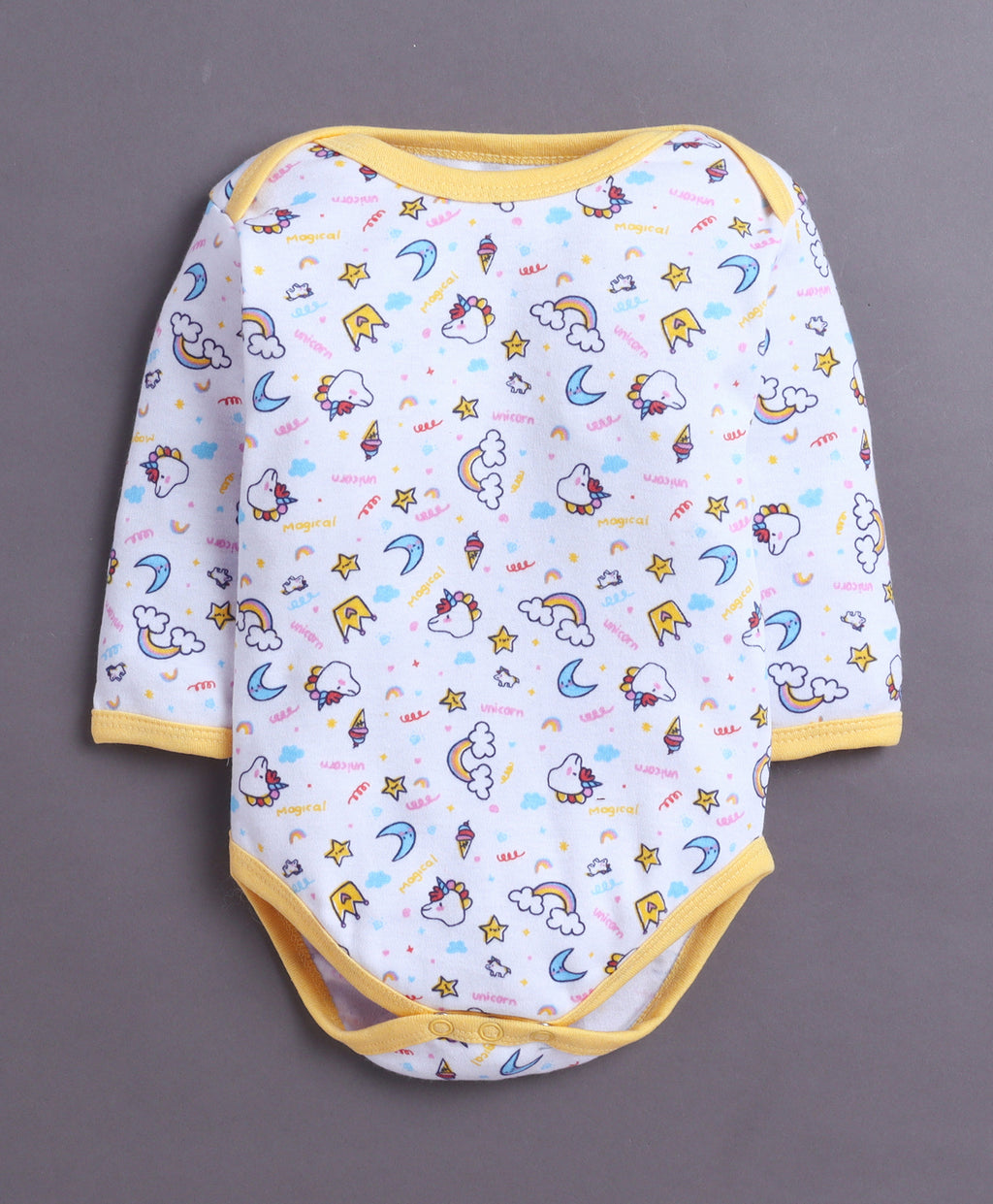 Bumzee Yellow & White Animal Print Bodysuit, Pack of 3, Full Sleeves, 100% Cotton (Style Peb11028)