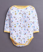 Bumzee Yellow & White Animal Print Bodysuit, Pack of 3, Full Sleeves, 100% Cotton (Style Peb11028)