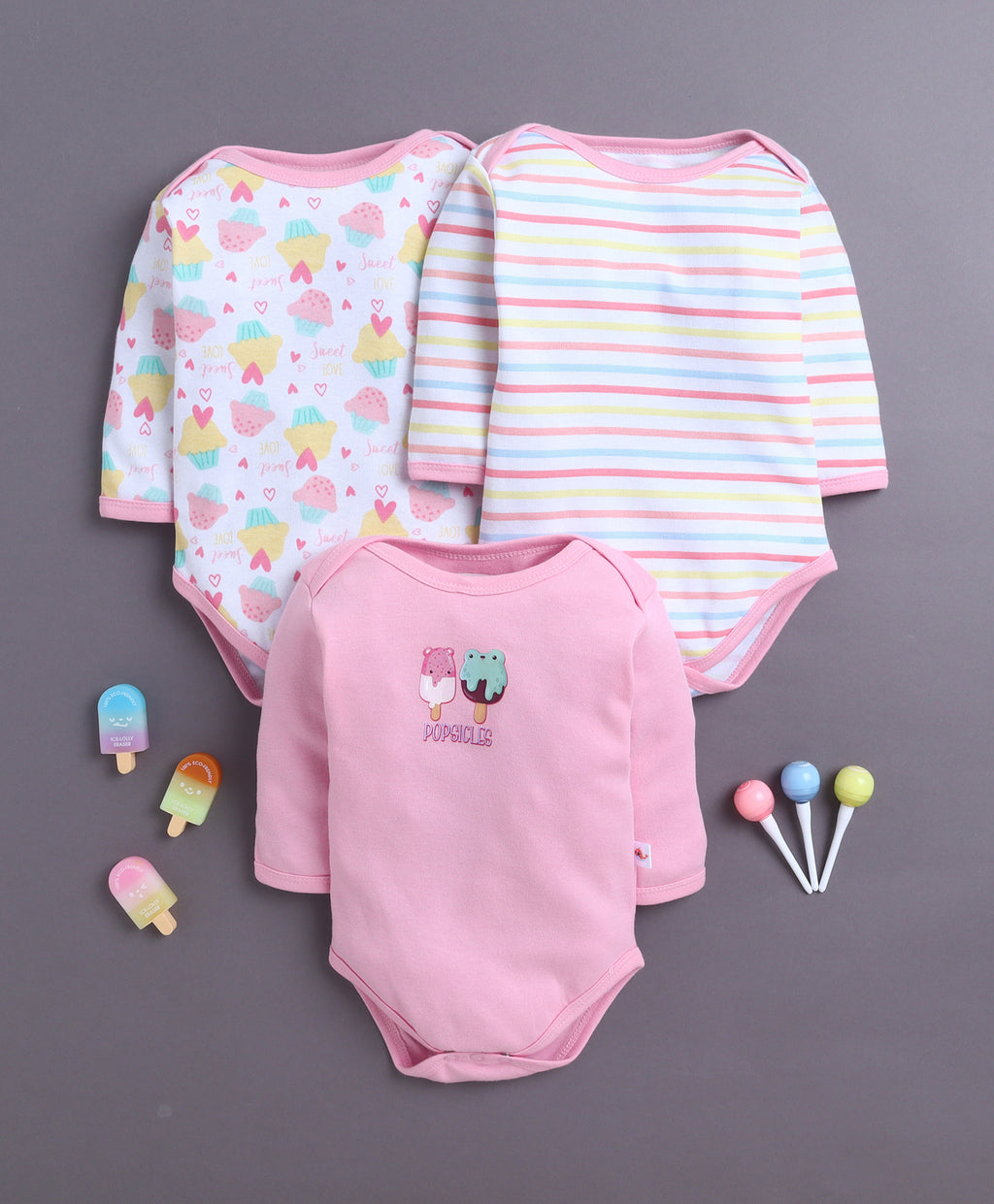 Bumzee Pink & White Graphic Print Bodysuit, Pack of 3, Full Sleeves, 100% Cotton, Onesie (Style Peb11029)