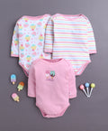 Bumzee Pink & White Graphic Print Bodysuit, Pack of 3, Full Sleeves, 100% Cotton, Onesie (Style Peb11029)