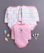 Bumzee Pink & White Graphic Print Bodysuit, Pack of 3, Full Sleeves, 100% Cotton, Onesie (Style Peb11029)
