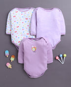 Bumzee Lavender & White Floral Print Bodysuit, Pack of 3, Full Sleeves