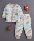 Bumzee Beige Animal Print Jabla & Pyjama Set, Full Sleeves, 100% Cotton (Style Peb11074)