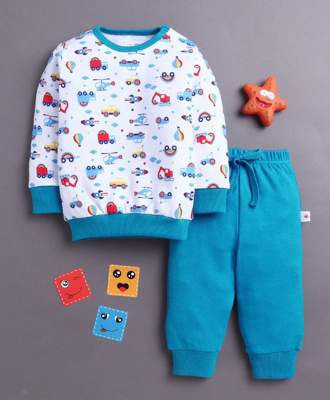 White & Royal Blue Boys Full Sleeves Cotton T-Shirt & Jogger Set