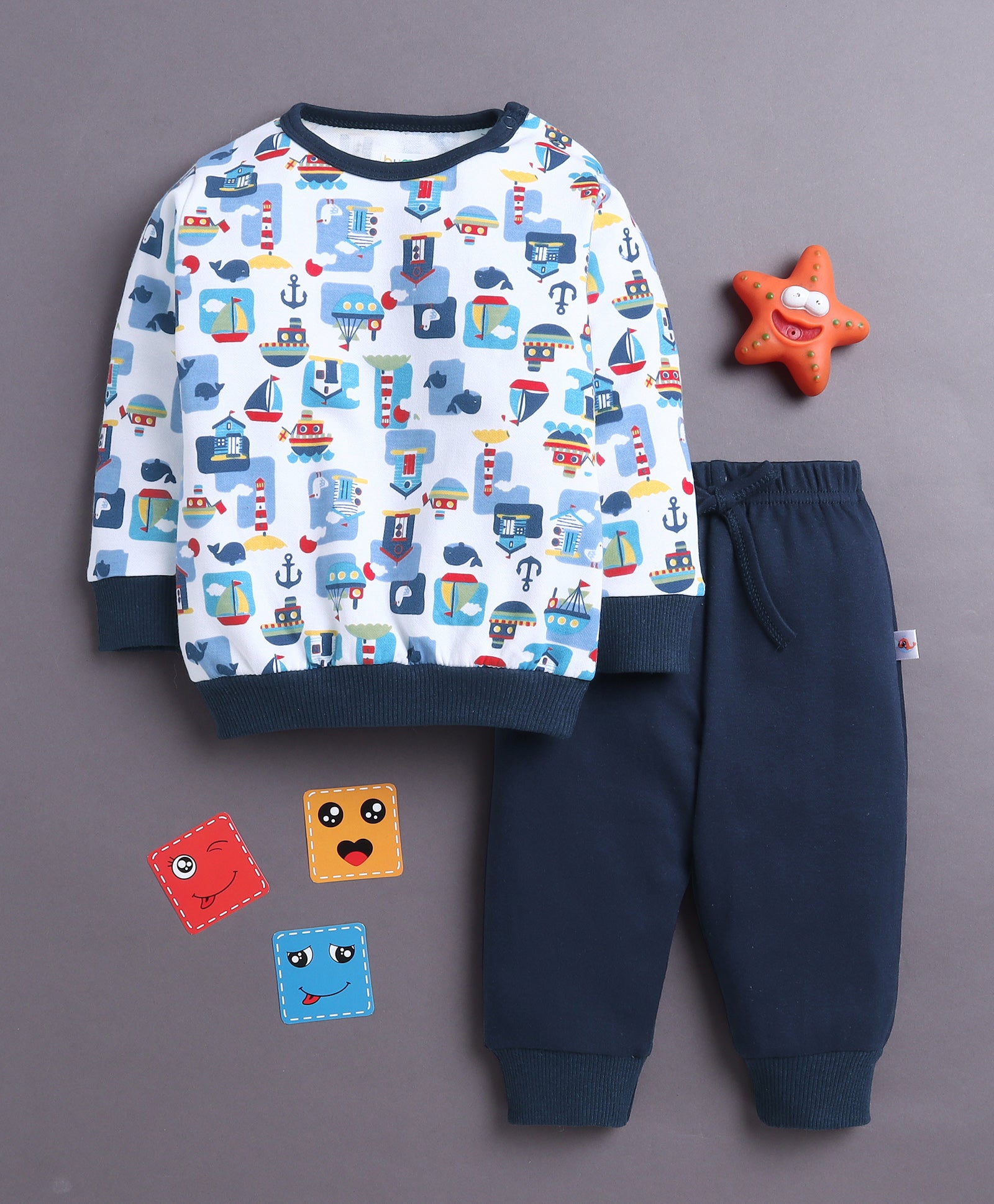 White & Navy Boys Full Sleeves Cotton T-Shirt & Jogger Set