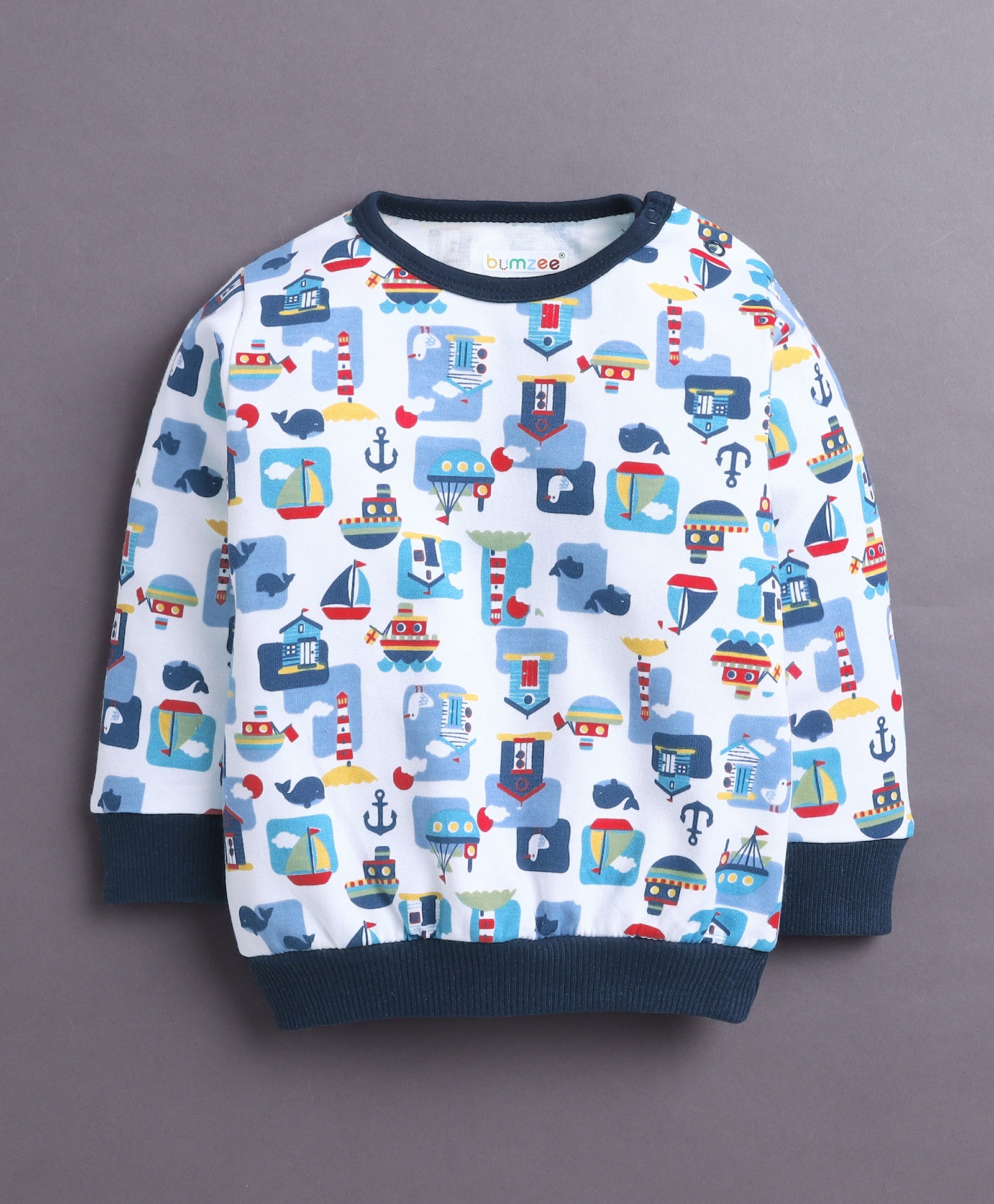 White & Navy Boys Full Sleeves Cotton T-Shirt & Jogger Set