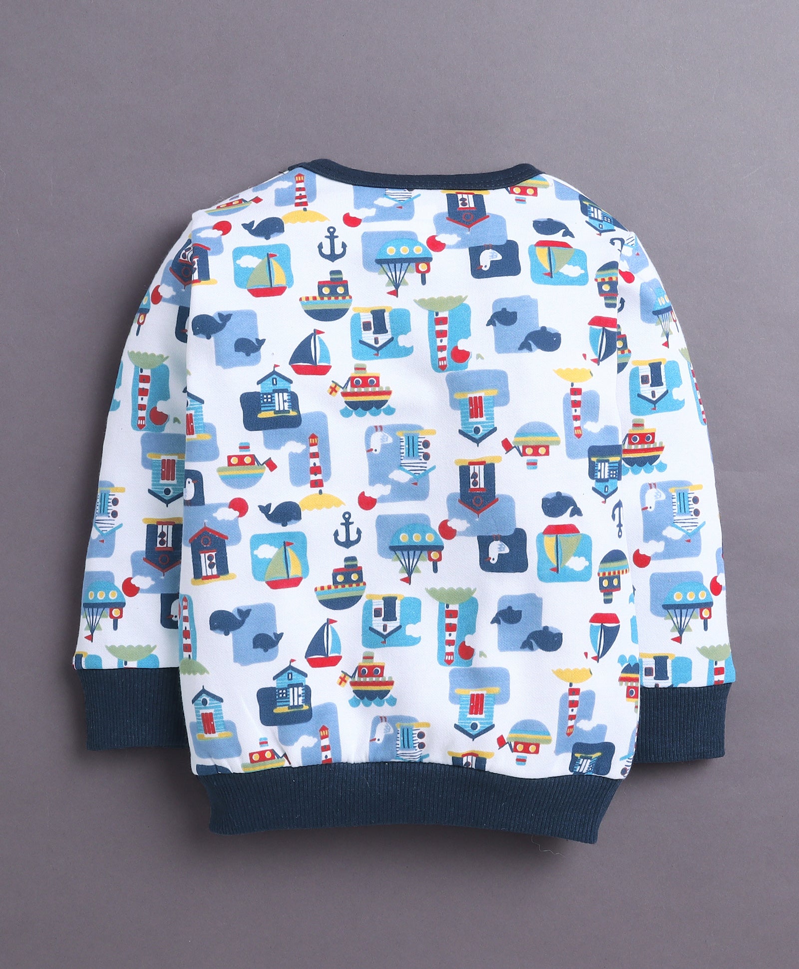 White & Navy Boys Full Sleeves Cotton T-Shirt & Jogger Set