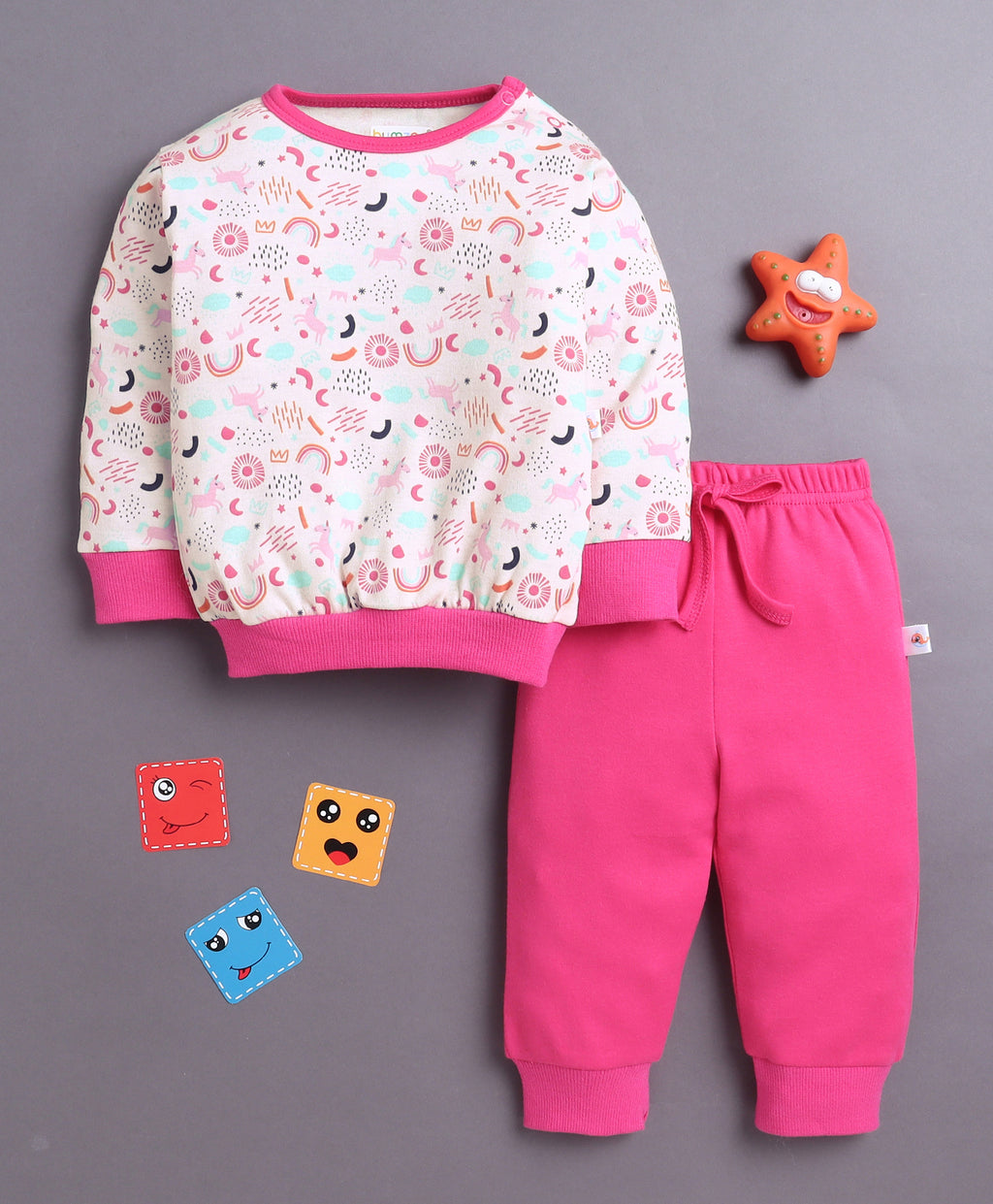Bumzee Baby Pink & Pink Animal Print T-Shirt & Jogger Set, Full Sleeves
