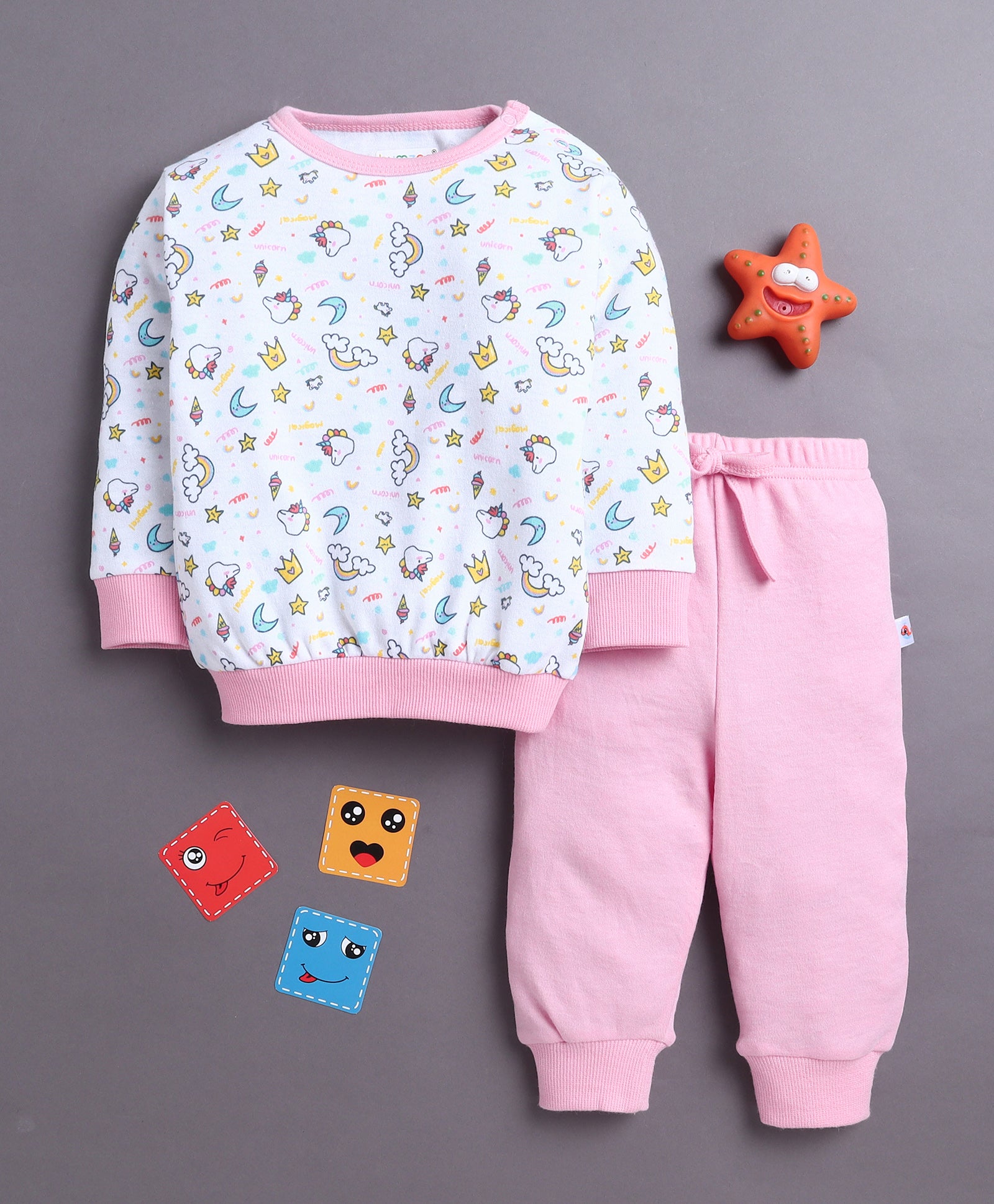White & Baby Pink Girls Full Sleeves Cotton T-Shirt & Jogger Set