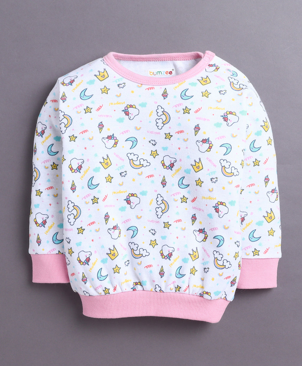 Bumzee White & Baby Pink Animal Print T-Shirt & Jogger Set, Full Sleeves
