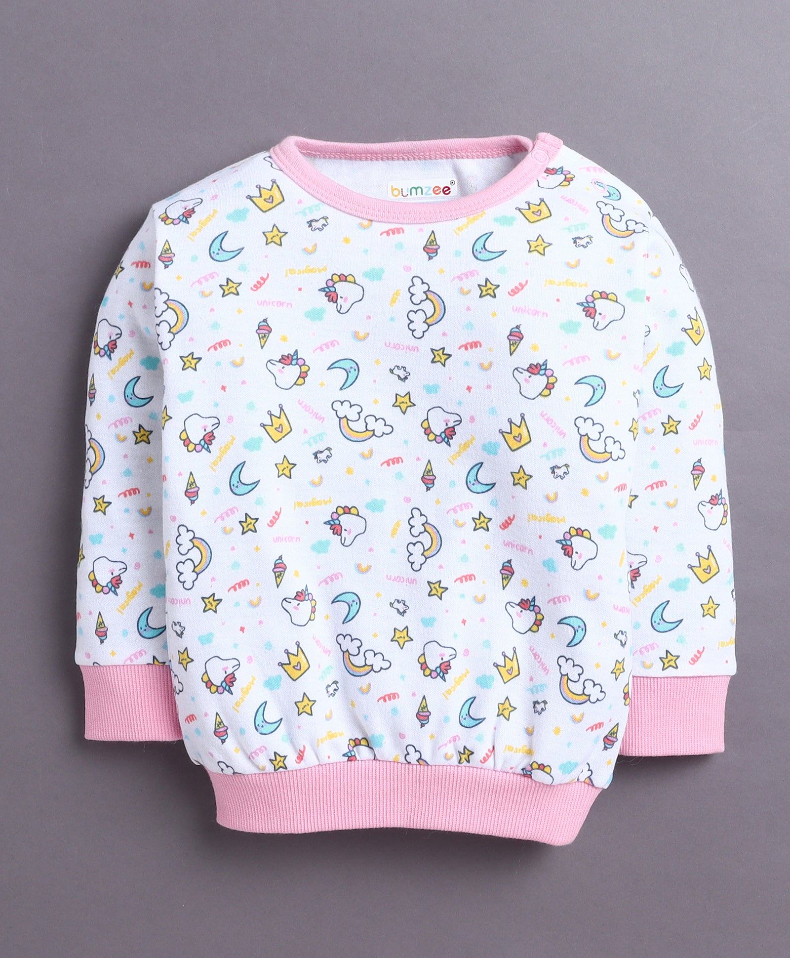 White & Baby Pink Girls Full Sleeves Cotton T-Shirt & Jogger Set
