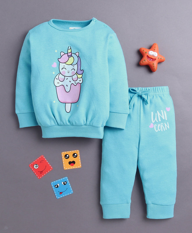 Blue Girls Full Sleeves Cotton T-Shirt & Jogger Set
