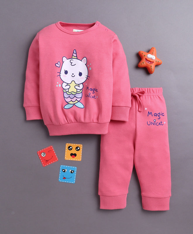Pink Girls Full Sleeves Cotton T-Shirt & Jogger Set