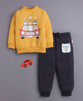 Bumzee Mustard & Brown Graphic Print Sweatshirt & Jogger Set, Full Sleeves, Fleece