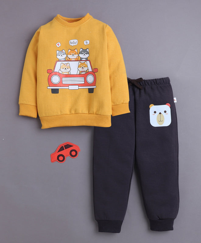 Mustard & Brown Boys Full Sleeves Sweatshirt & Jogger Set