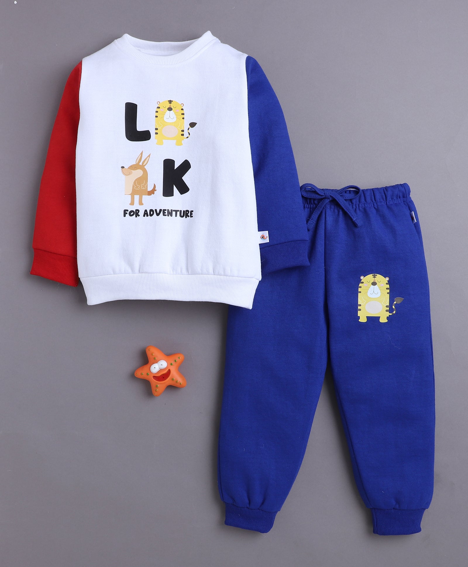 White & Blue Boys Full Sleeves Sweatshirt & Jogger Set
