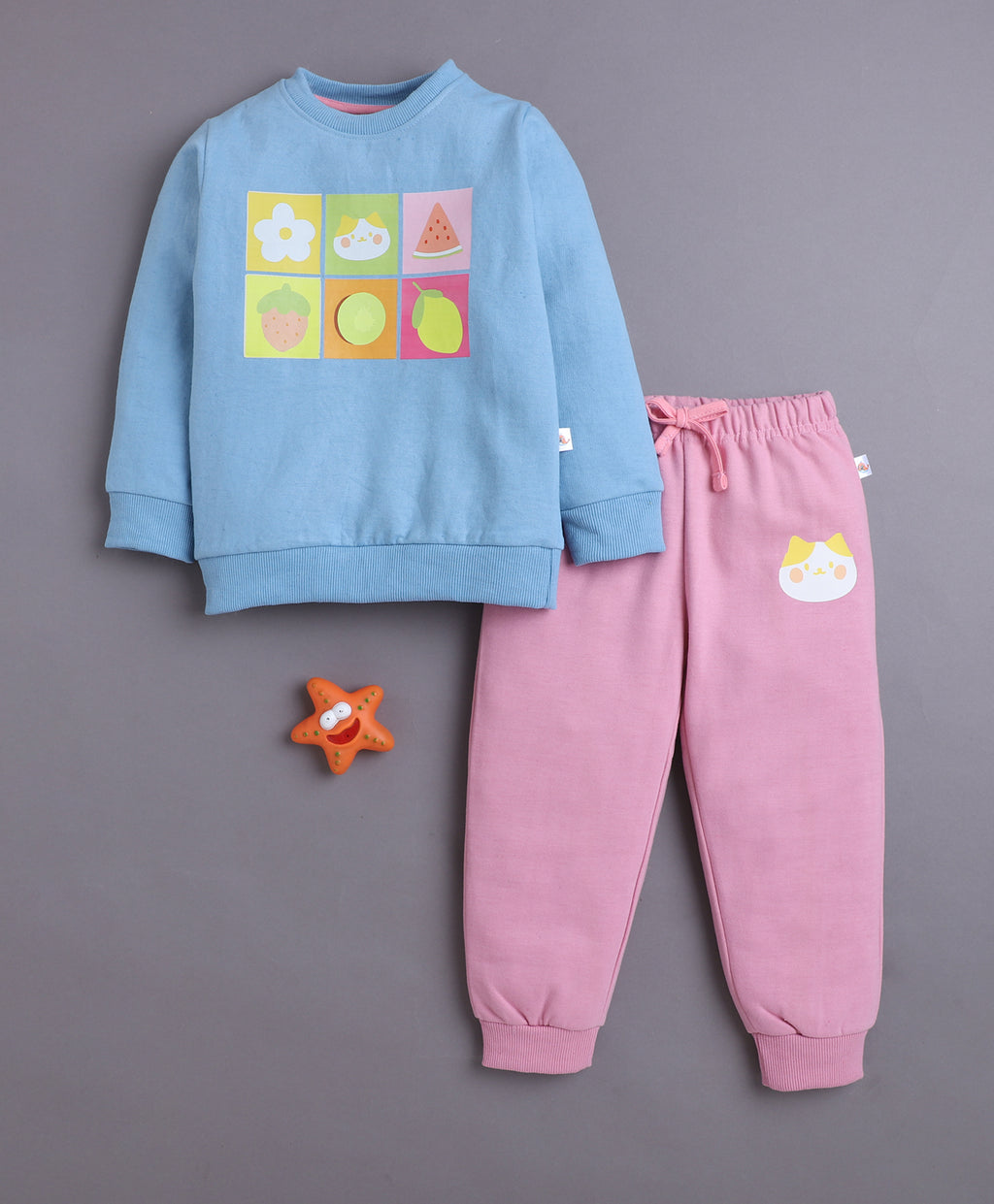 Bumzee Blue & Pink Animal Print Sweatshirt & Jogger Set, Full Sleeves, Fleece