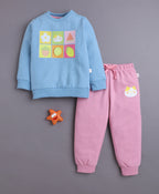 Bumzee Blue & Pink Animal Print Sweatshirt & Jogger Set, Full Sleeves, Fleece