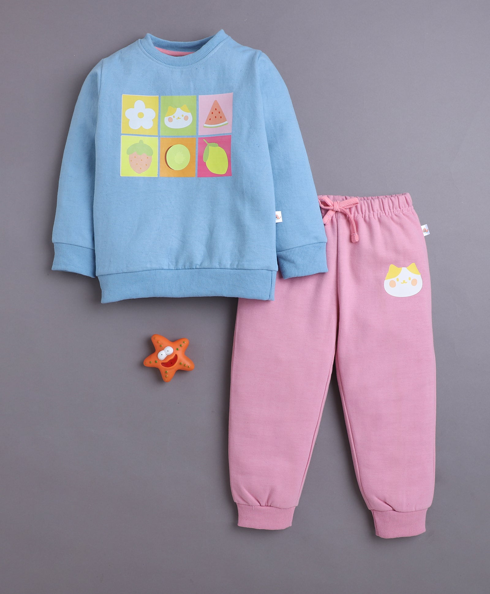 Blue & Pink Girls Full Sleeves Sweatshirt & Jogger Set