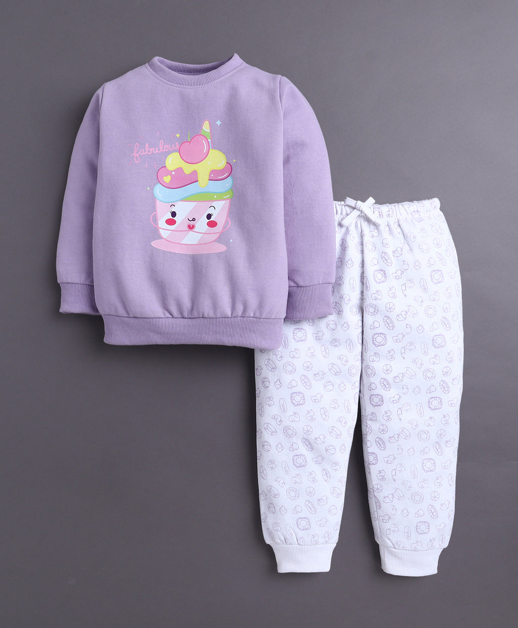 Bumzee Lavender & White Animal Print Sweatshirt & Jogger Set, Full Sleeves, Fleece