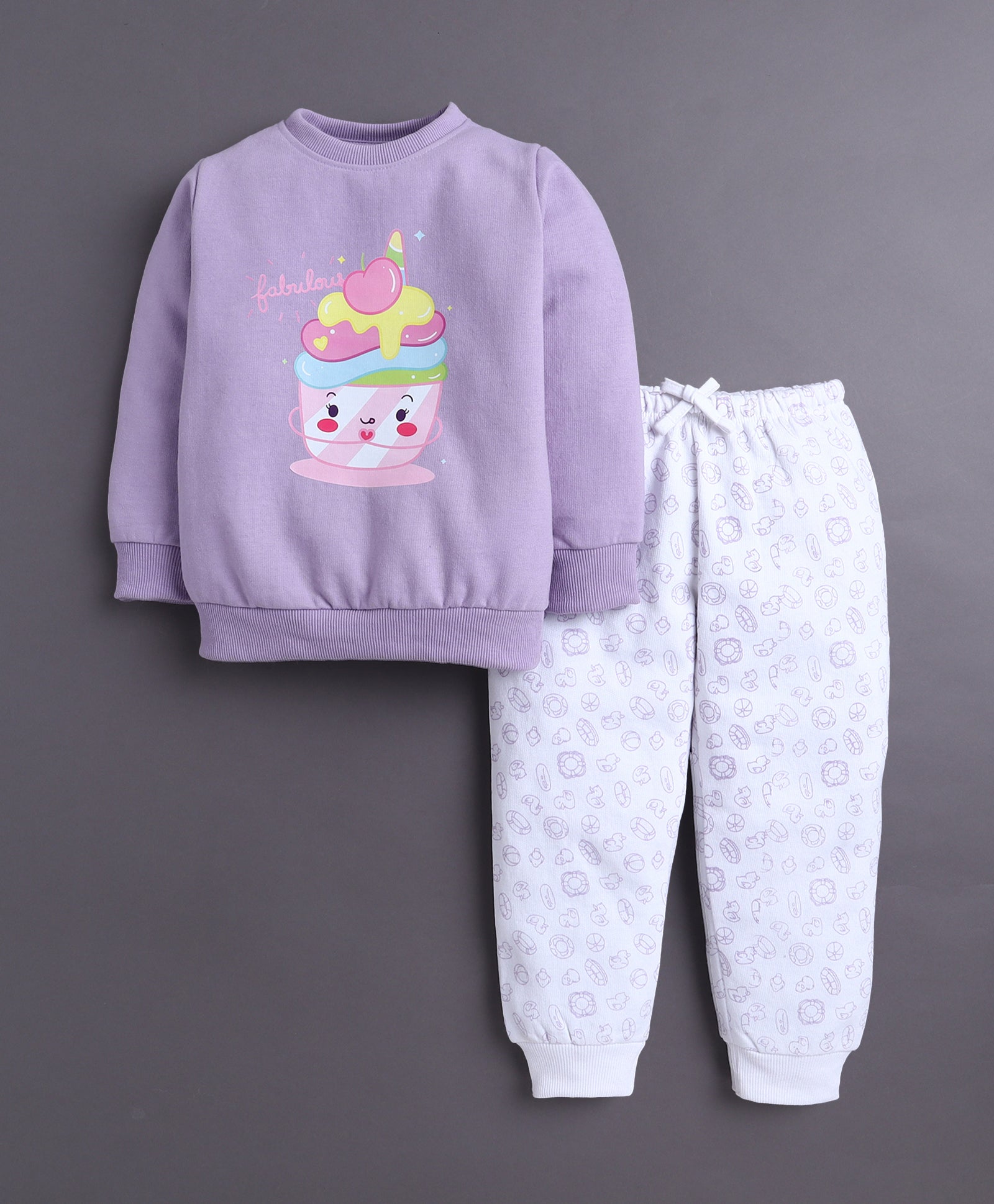 Lavender & White Girls Full Sleeves Sweatshirt & Jogger Set