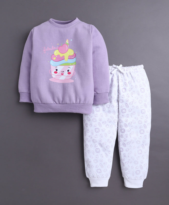 Lavender & White Girls Full Sleeves Sweatshirt & Jogger Set