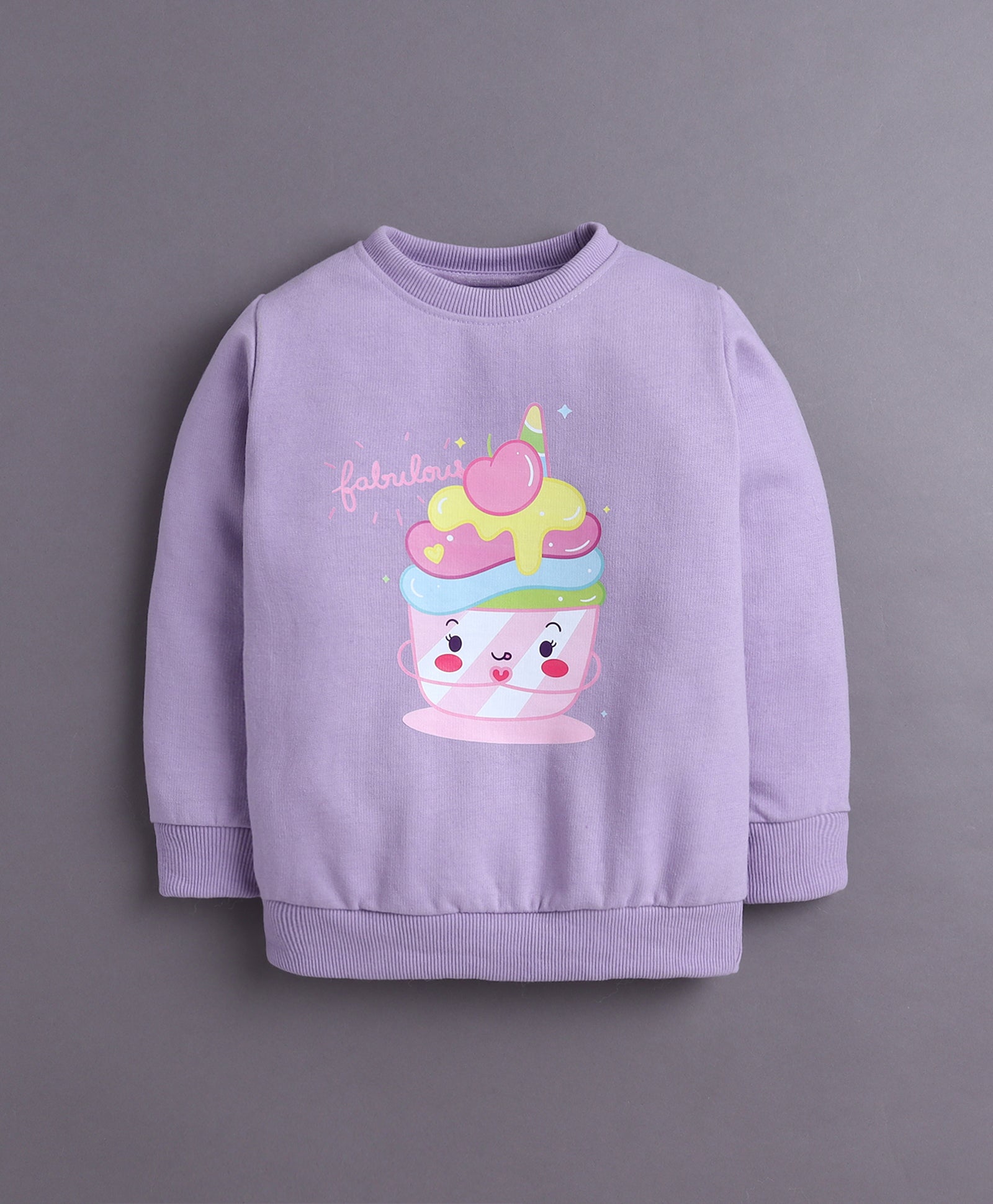Lavender & White Girls Full Sleeves Sweatshirt & Jogger Set