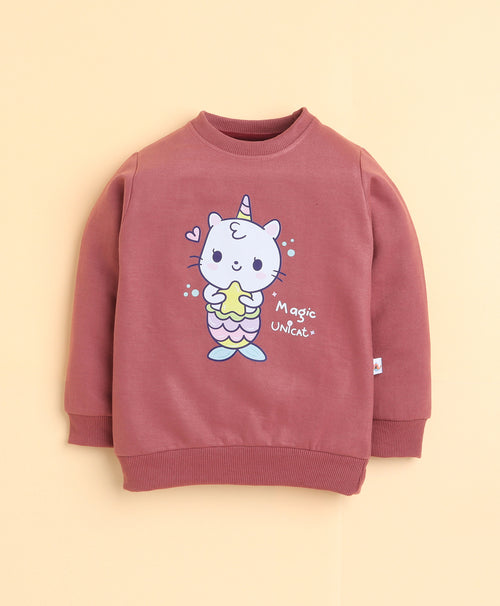 Brick Red Girls Full Sleeves Sweatshirt & Jogger Set