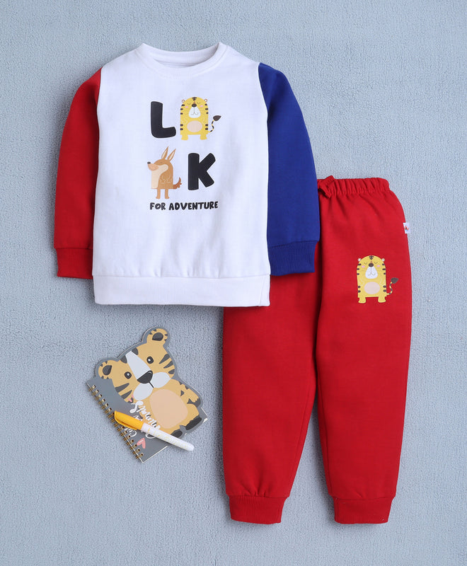 White & Red Boys Full Sleeves Sweatshirt & Jogger Set