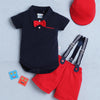 Navy & Red Boys Half Sleeves Bodysuit & Short Set With Applique Bow Suspender & Cap