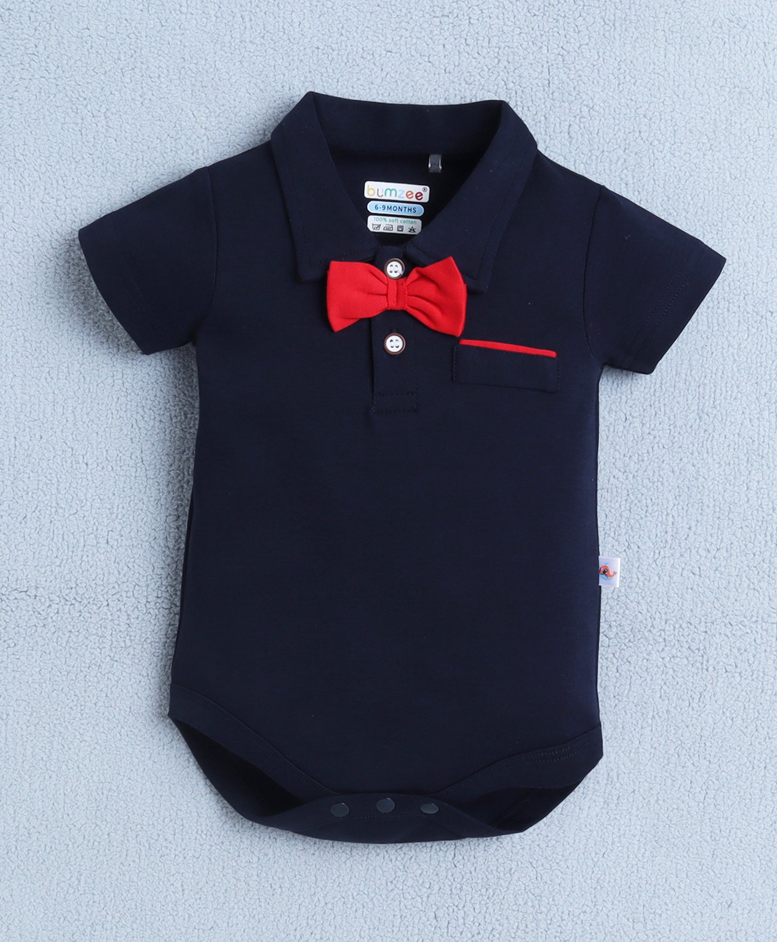 Navy & Red Boys Half Sleeves Bodysuit & Short Set With Applique Bow Suspender & Cap