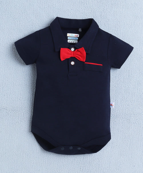 Boys 100% Cotton Solid Print Bodysuit & Short Set - Navy & Red