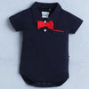 Navy & Red Boys Half Sleeves Bodysuit & Short Set With Applique Bow Suspender & Cap