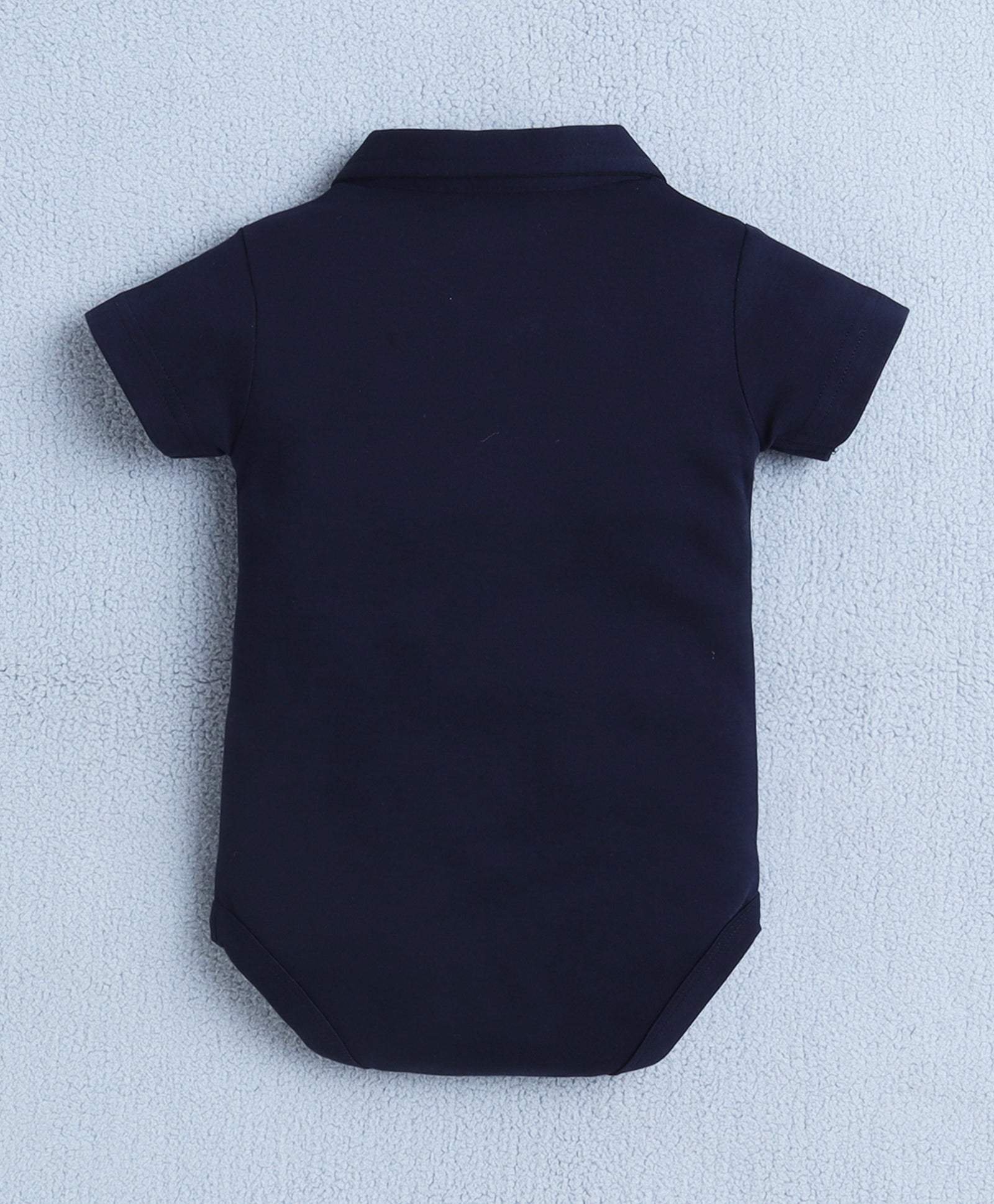 Navy & Red Boys Half Sleeves Bodysuit & Short Set With Applique Bow Suspender & Cap