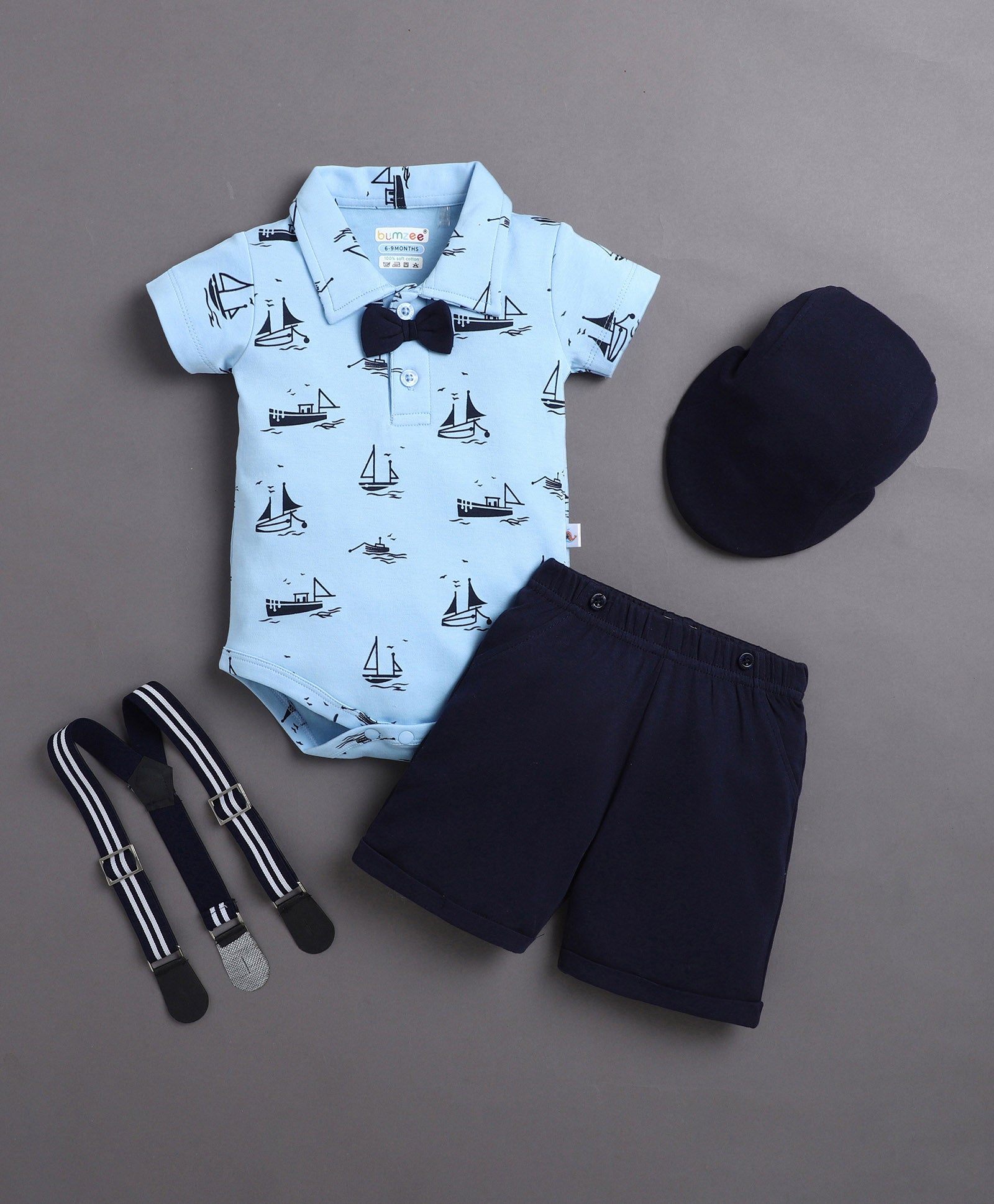 Sky Blue & Navy Boys Half Sleeves Bodysuit & Short Set With Applique Bow Suspender & Cap