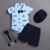 Sky Blue & Navy Boys Half Sleeves Bodysuit & Short Set With Applique Bow Suspender & Cap