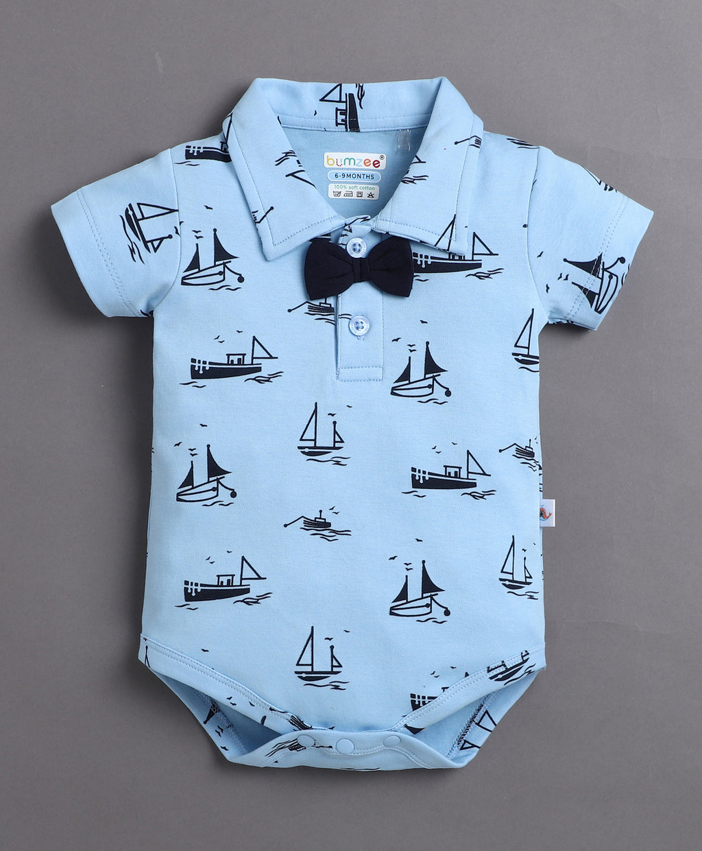 Bumzee Sky Blue & Navy Graphic Print Bodysuit & Short Set, Half Sleeves