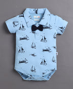 Bumzee Sky Blue & Navy Graphic Print Bodysuit & Short Set, Half Sleeves