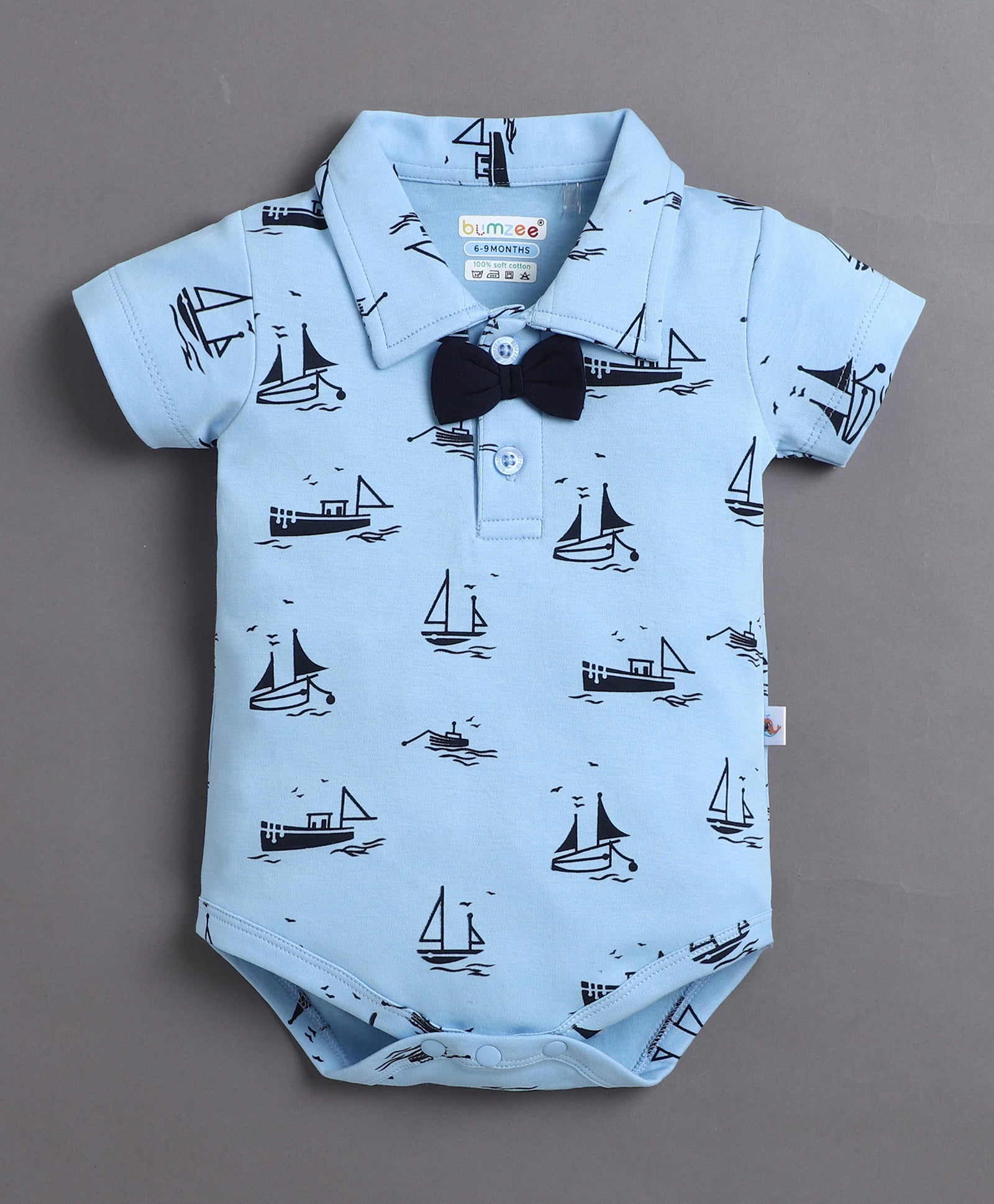 Sky Blue & Navy Boys Half Sleeves Bodysuit & Short Set With Applique Bow Suspender & Cap