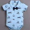 Sky Blue & Navy Boys Half Sleeves Bodysuit & Short Set With Applique Bow Suspender & Cap