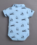 Bumzee Sky Blue & Navy Graphic Print Bodysuit & Short Set, Half Sleeves