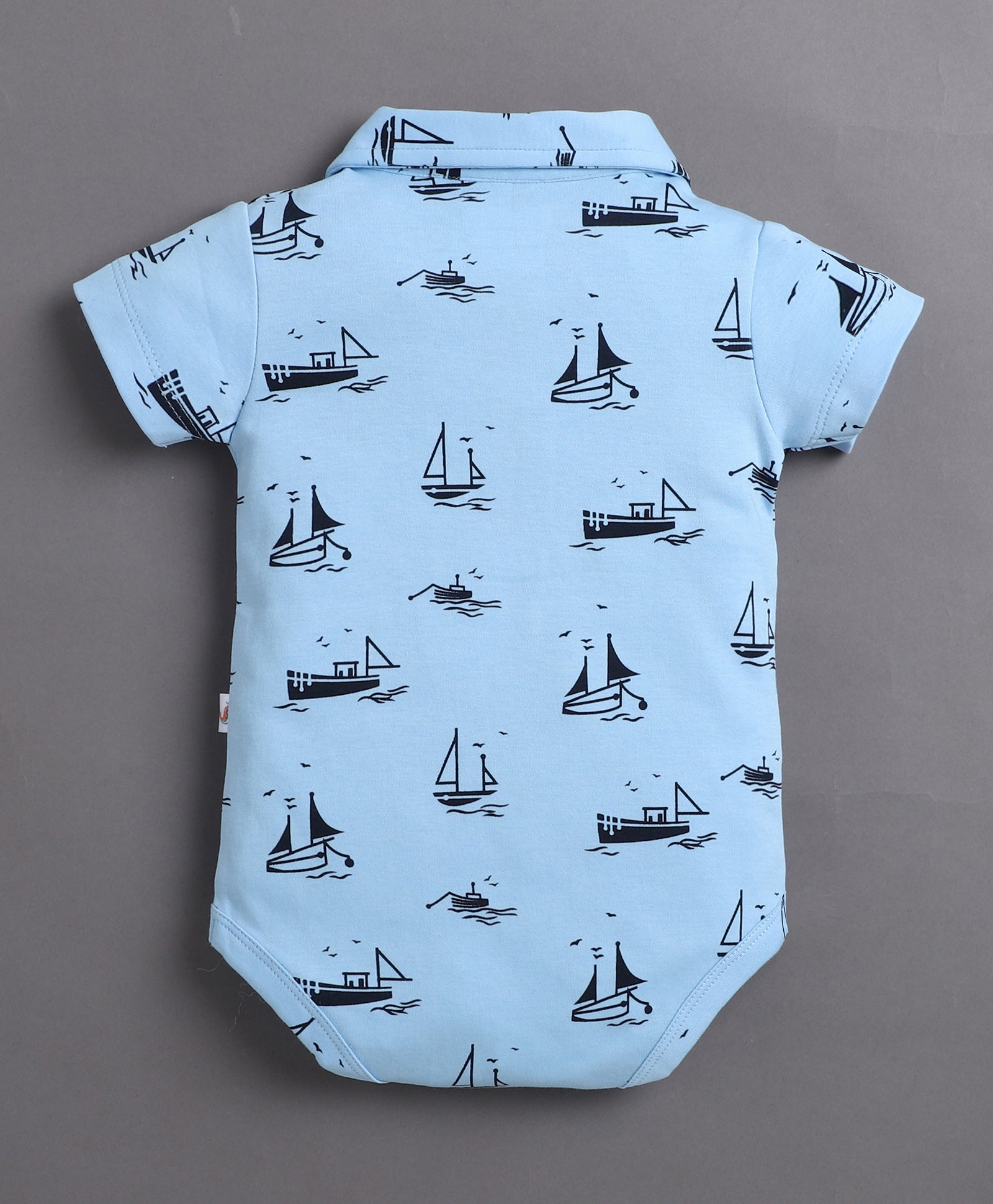 Sky Blue & Navy Boys Half Sleeves Bodysuit & Short Set With Applique Bow Suspender & Cap