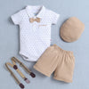 White & Beige Boys Half Sleeves Bodysuit & Short Set With Applique Bow Suspender & Cap