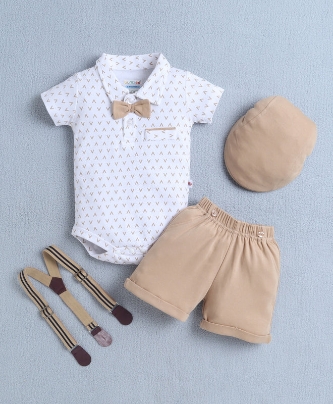 White & Beige Boys Half Sleeves Bodysuit & Short Set With Applique Bow Suspender & Cap