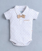 Bumzee White & Beige Graphic Print Bodysuit & Short Set, Half Sleeves, 100% Cotton