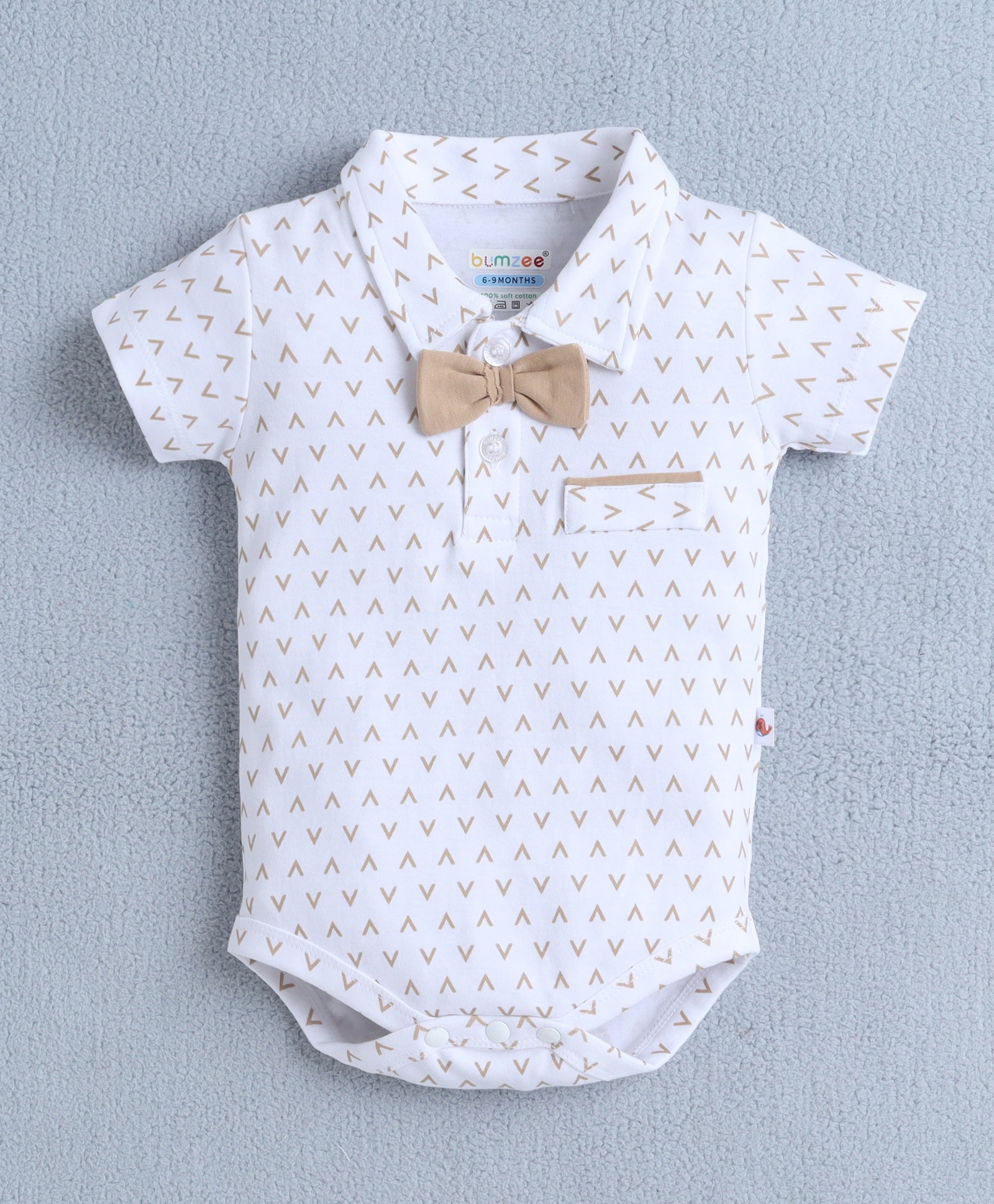 White & Beige Boys Half Sleeves Bodysuit & Short Set With Applique Bow Suspender & Cap